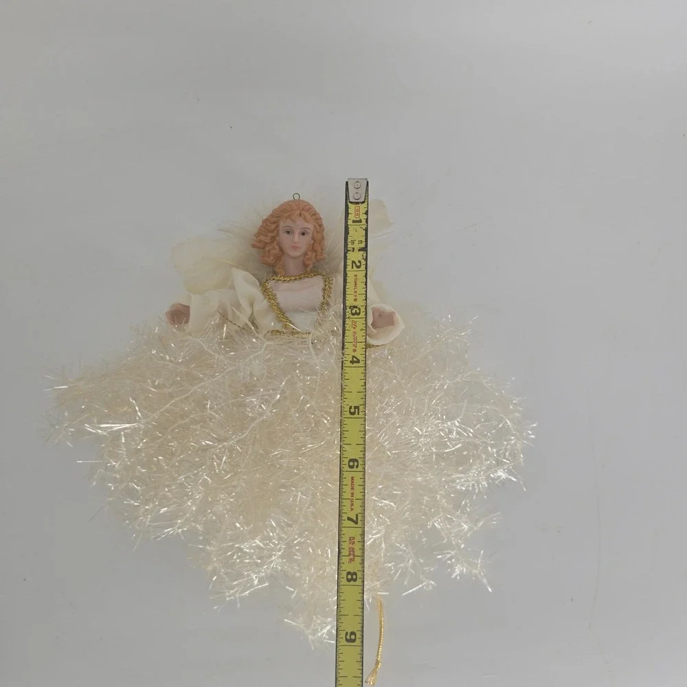 Vintage Tinsel Angel Ornament Nativity Tree Topper Feather Wings Gold Christmas